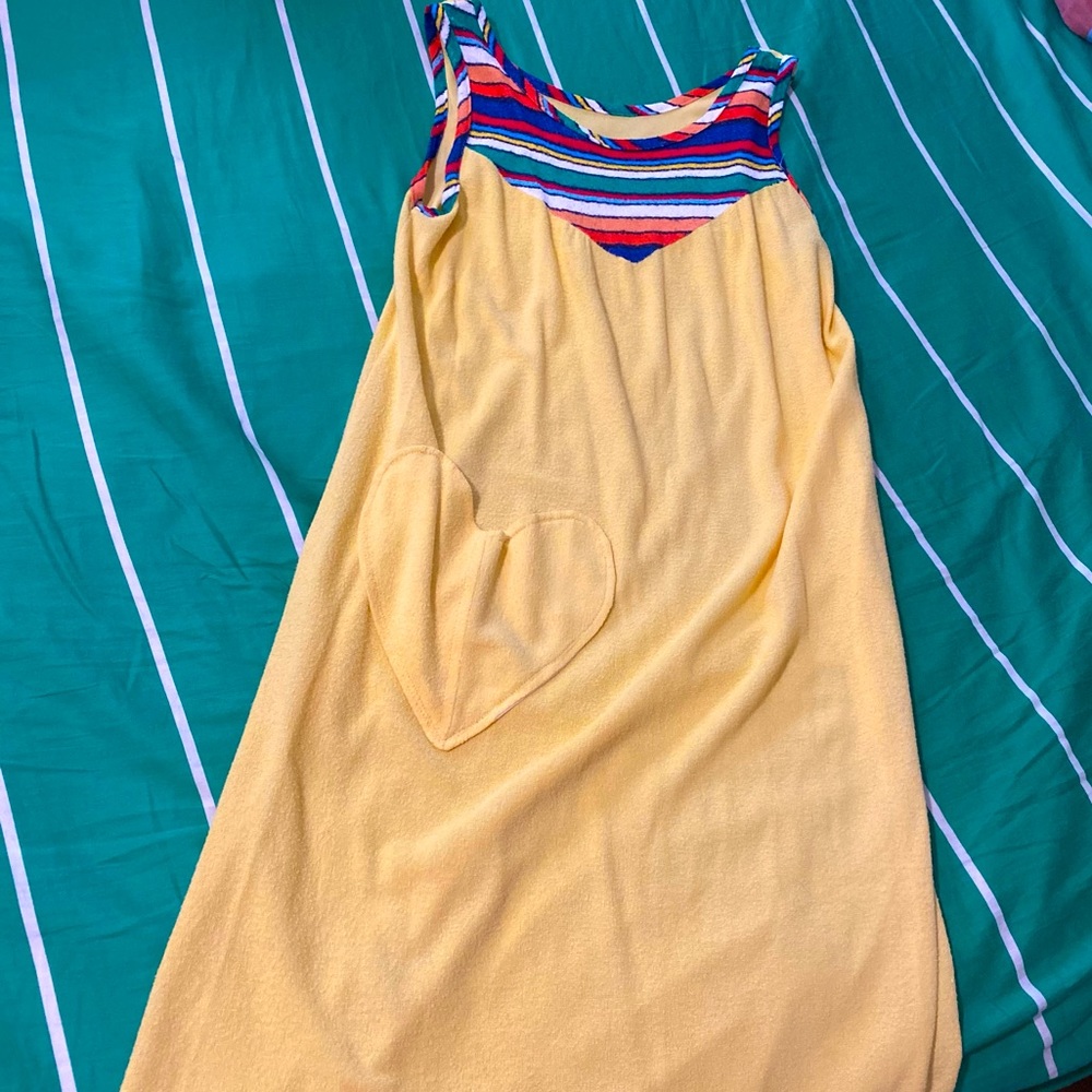 Vintage Swim Cover, Dress, Loungewear, Yellow, Stripes Heart Pocket